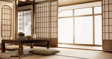 Wandcirkels tuinposter low table and pillow on tatami mat in wooden room japanese style. © Interior Design