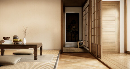 low table and pillow on tatami mat in wooden room japanese style.