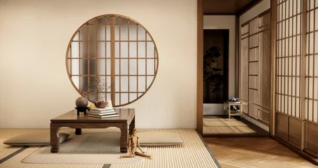 Schilderijen op glas low table and pillow on tatami mat in wooden room japanese style. © Interior Design