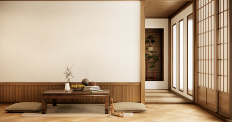 low table and pillow on tatami mat in wooden room japanese style. - obrazy, fototapety, plakaty