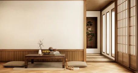 Foto op Canvas low table and pillow on tatami mat in wooden room japanese style. © Interior Design