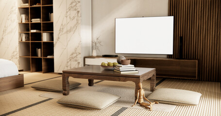 TV Japan - Smart TV on low table in room Japanese style with lamp.