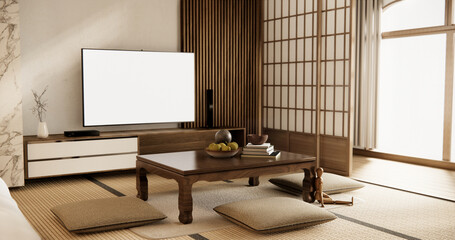 TV Japan - Smart TV on low table in room Japanese style with lamp.