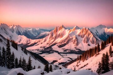 A majestic mountain range covered in a blanket of snow, with the first light of dawn painting the...