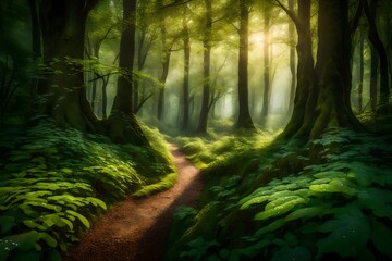 A lush, green forest bathed in the soft glow of morning sunlight, with dewdrops glistening on leaves. A n - obrazy, fototapety, plakaty