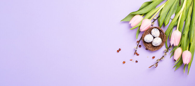Nest with small eggs, pink tulips, easter holiday greeting card, spring season
