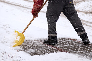 A person removes the first snow on the house territory. A large shovel removes the first white snow.
