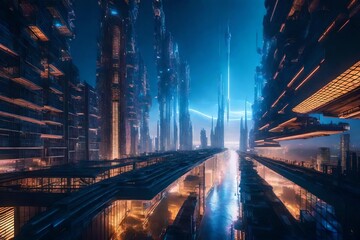 Imagine A surreal, floating cityscape in the clouds, with futuristic buildings and walkways suspended in an endless sky. --