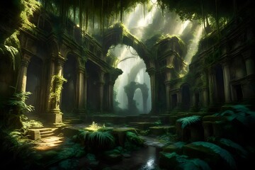 Imagine An ancient, overgrown ruins in a mystical jungle, with shafts of sunlight piercing through the dense canopy. --