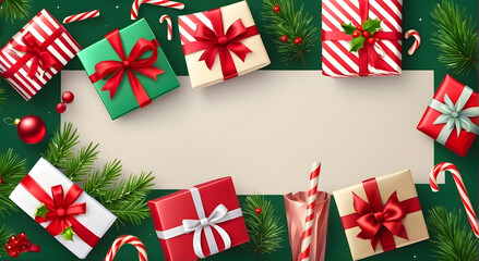 Christmas background with gift boxes, candy canes and holly leaves.