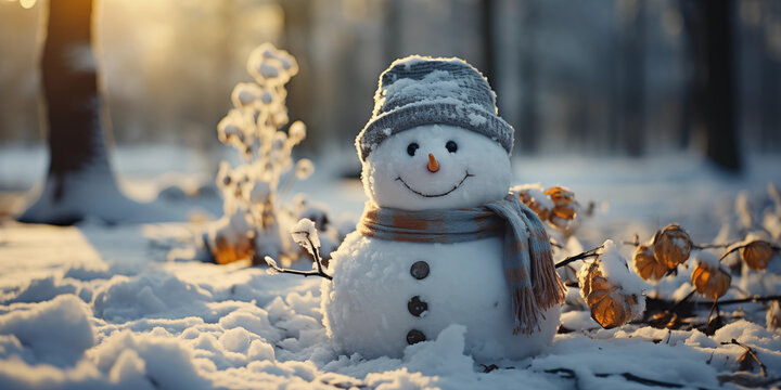 Wundersch&ouml;ner Schneemann mit M&uuml;tze und Schal im Schnee im Querformat als Banner, ai generativ