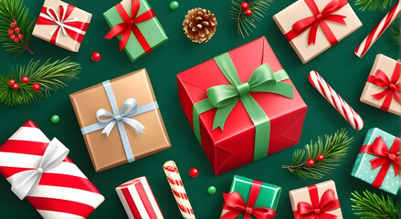Christmas background with gift boxes, fir branches, candy canes, holly berries.