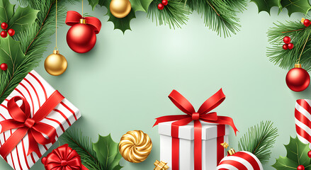 Christmas background with gift boxes, candy canes and holly leaves.