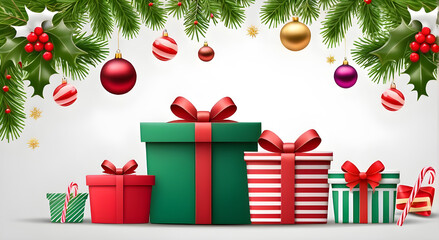 Christmas background with gift boxes, fir branches, candy canes, holly berries.