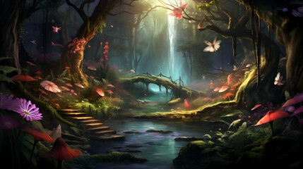 Enchanted forest with whimsical mushroom houses by a serene stream, a fairytale setting for magical stories