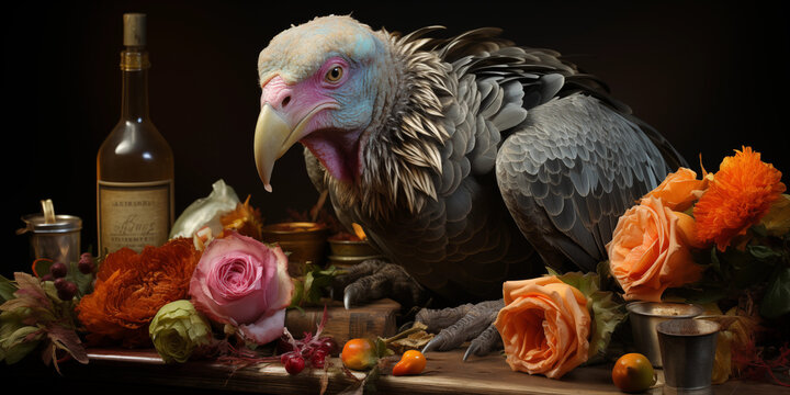 Sch&ouml;ner lebendiger Truthahn im Zeichen von Thanksgiving mit herbstlichen gedeckten Tisch im Querformat f&uuml;r Banner, ai generativ