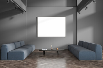 Dark home living room interior couch and coffee table, mockup frame
