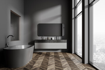 Gray bathroom interior with tub and double sink