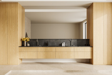 White and wooden bathroom with double sink