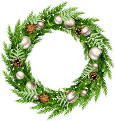 Christmas wreath with green fir branches, silver and white Christmas balls, pine cones, and mistletoe. Vector illustration