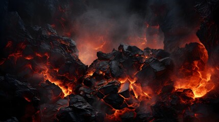 Glowing Lava Flow Amongst Charred Rocks - obrazy, fototapety, plakaty