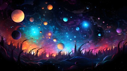 Fototapeta na wymiar Surreal Cosmic Landscape with Vibrant Planets and Stars