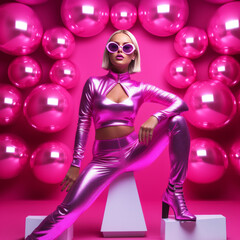 Awesome disco girl. Crazy party concept. Retro aesthetics.