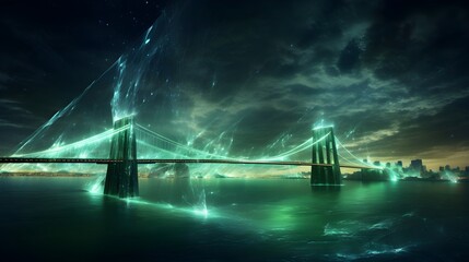 Illuminated Suspension Bridge in a Futuristic Night Setting