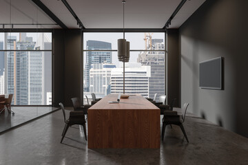 Grey office room interior with conference table and seats, panoramic window