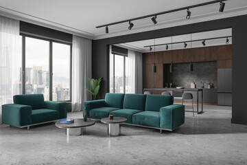 Stylish home studio interior with chill and cooking corner, panoramic window