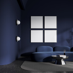 Dark blue chill room interior couch and coffee table with decor, mockup frames