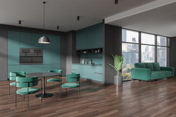 Turquoise home flat interior with chill and cooking space, panoramic window