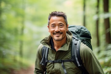 Portrait of a smiling asian man with backpack hiking in forest