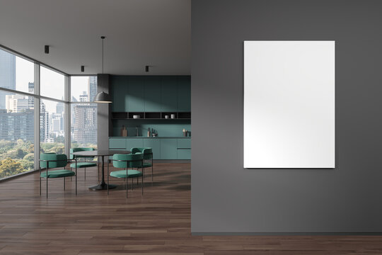 Modern kitchen interior with eating and cooking space, window. Mockup frame