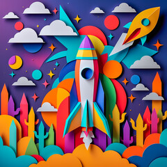 Paper art rocket colorful illustration on the abstract background.