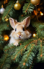 A cute bunny among the decorated branches of the Christmas tree