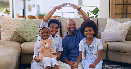Black family, roof hands or portrait of happy kids in living room at home for support or insurance. Security, property investment or parents with children siblings for cover, safety or protection - obrazy, fototapety, plakaty