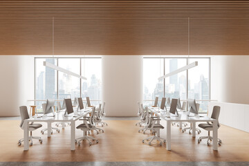 White open space office with wooden ceiling