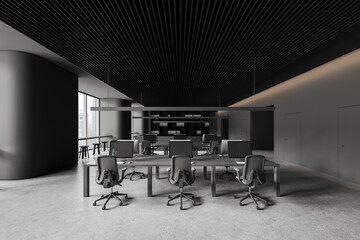 Gray open space office and board room interior