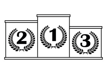 winner podium with numbers in laurel wreath, black and white vector illustration on white background