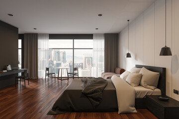 White and gray bedroom interior with workplace