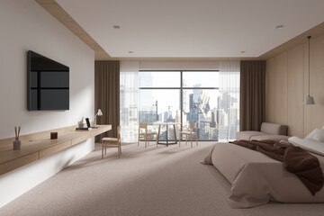 Modern hotel bedroom interior with bed and workspace, panoramic window