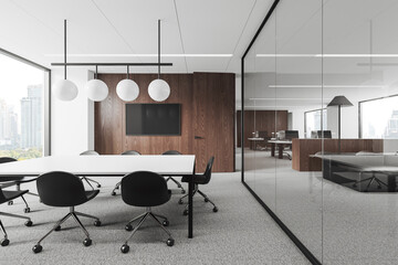 White and wooden board room interior with TV