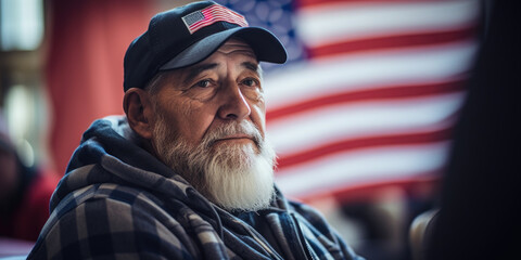 Hopeful male voter at the election of the American president in front of the flag of the USA