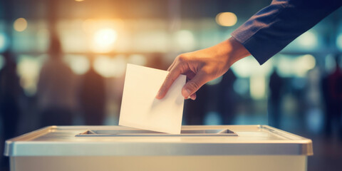 Close-up of ballot box, Man casting his vote at the election or polling - obrazy, fototapety, plakaty