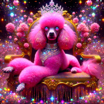 Fantasy pink poodle princess on a throne with pink flowery backdrop. Fairy tale. 3D rendering illustration