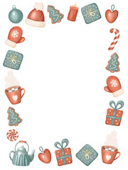 Merry Christmas and New Year frame, bord on white. Holiday element for invitation, card