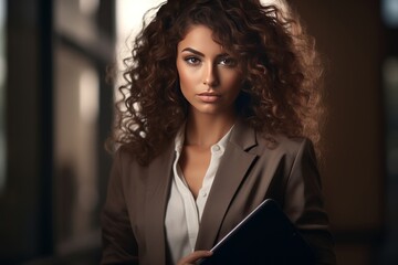 Attractive Multiracial Woman with Curly Hair Holding a Tablet and Looking at the Camera