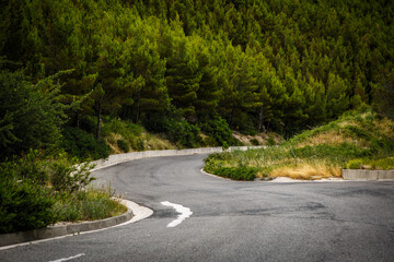 Winding road in the forest. Rural asphalt road in highlands surrounded with green forest trees - obrazy, fototapety, plakaty