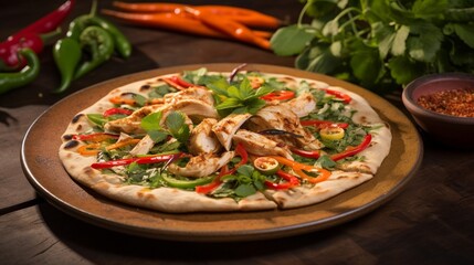 A slice of Thai Chicken Pizza being plated on a colorful dish, surrounded by Thai herbs and spices, enhancing its authenticity.
